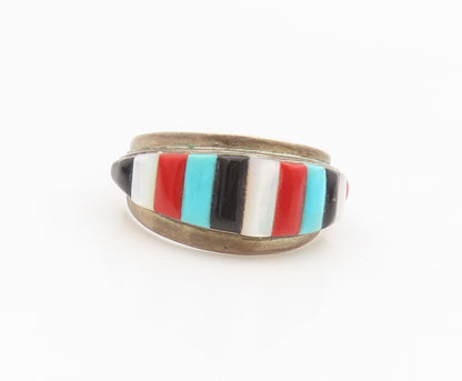 925 Sterling Silver Vintage Earrings NAVAJO ZUNI Multi Gemstone Hoops  EG13896