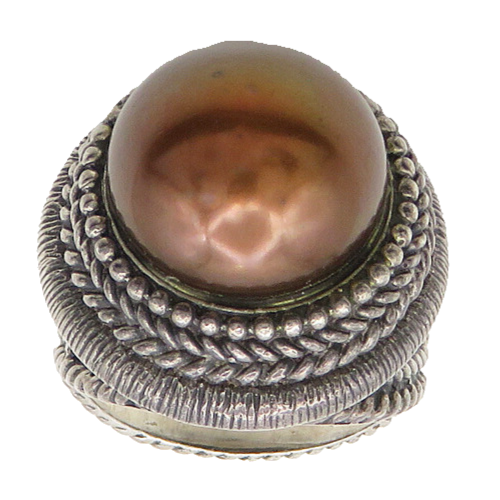 925 Sterling Silver  Vintage Golden Pearl Dome Cocktail Ring Sz 6.5  RG19768