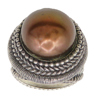 925 Sterling Silver  Vintage Golden Pearl Dome Cocktail Ring Sz 6.5  RG19768