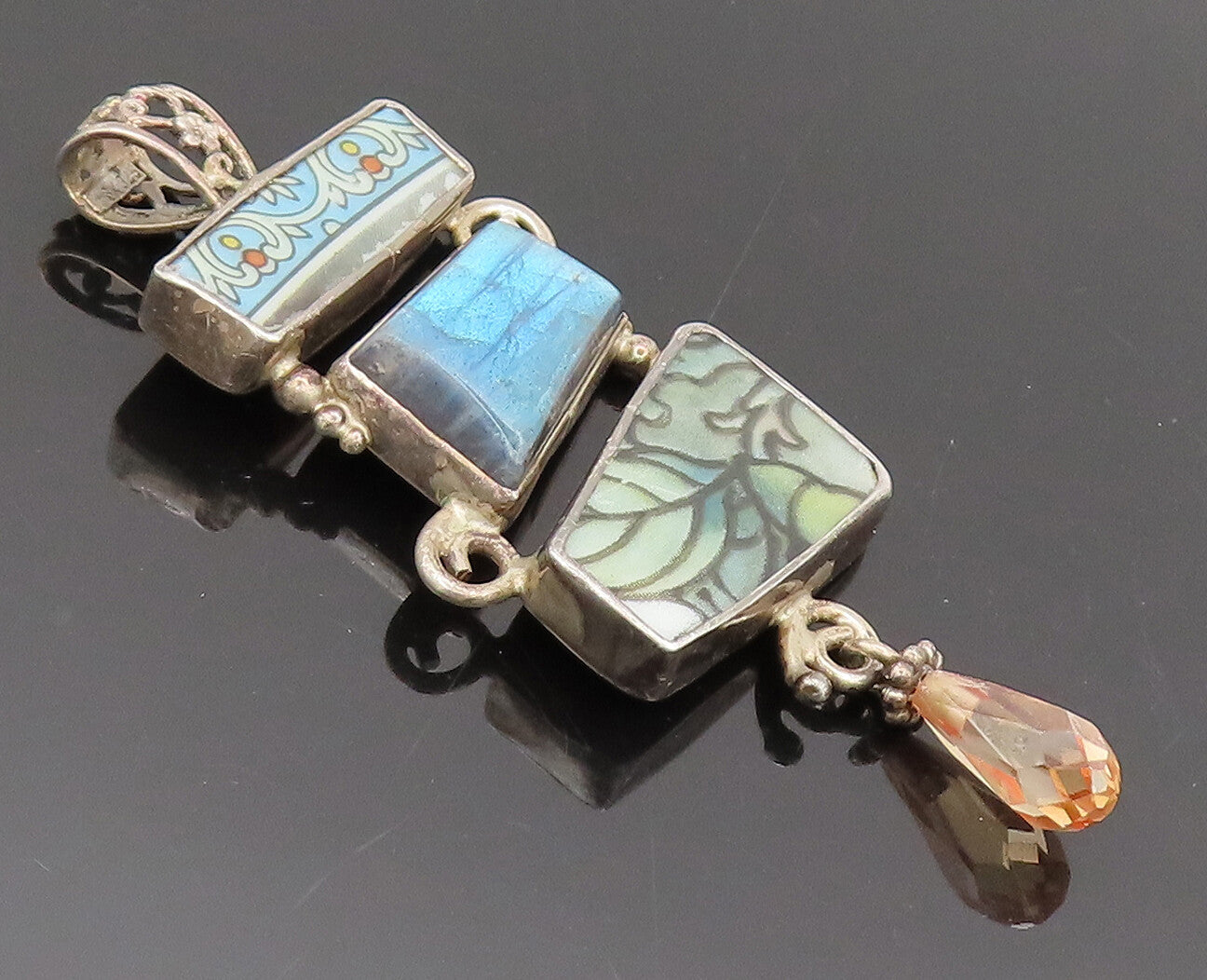 JACMEL 925 Silver  Vintage Designer Enamel Crystal Stone Drop Pendant PT22305