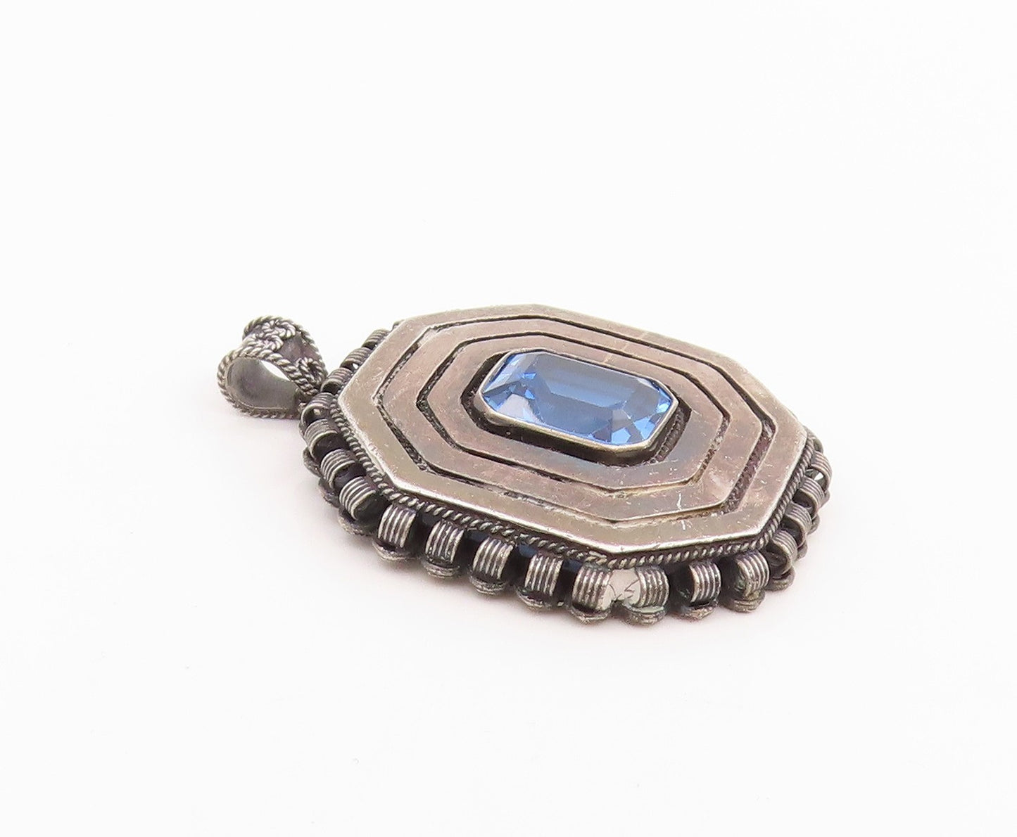 925 Sterling Silver Vintage Pendant EREZ ISRAEL Classic Blue Topaz Charm PT26238