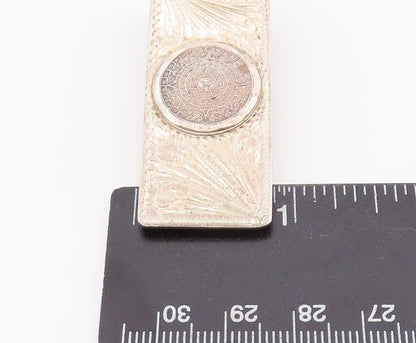 925 Sterling Silver Vintage Money Clip Dark Tone Floral Carved Aztec Sun  TR3869