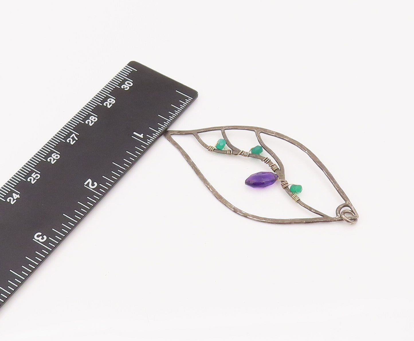 925 Silver  Vintage Leaf  Cutout & Wired Amethyst & Emerald Pendant  PT22214