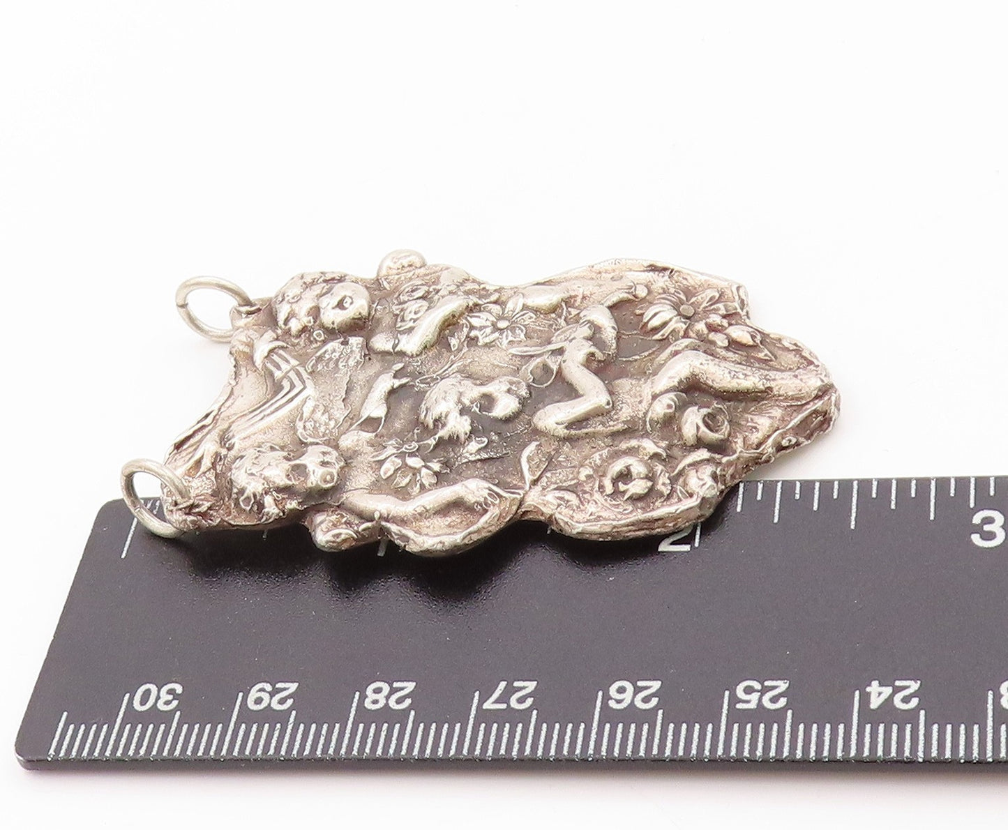 925 Sterling Silver Vintage Pendant Dark Tone Antique Cherubs Carved  PT24131