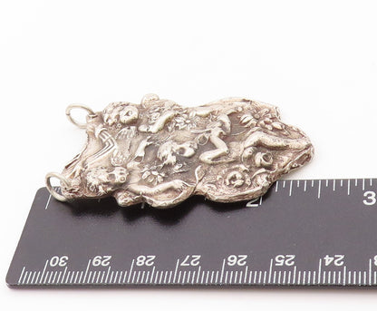 925 Sterling Silver Vintage Pendant Dark Tone Antique Cherubs Carved  PT24131