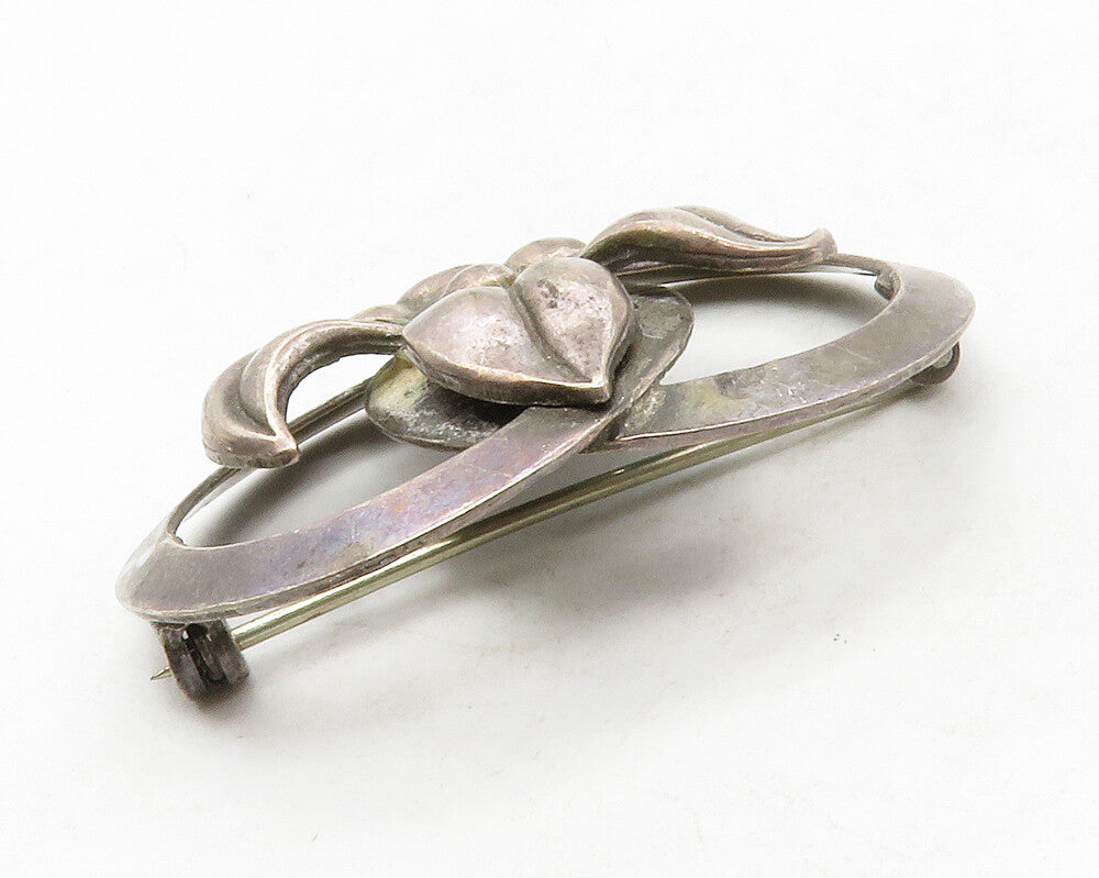 925 Sterling Silver  Vintage Dark Tone Flower Open Circles Brooch Pin  BP4953