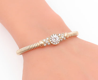 925 Sterling Silver Vintage Bracelet Gold Plated CZ Crossover Swirl Cuff BT11899