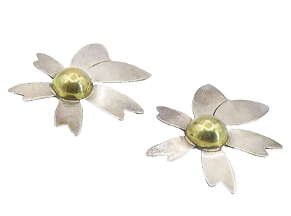 MEXICO 925 Sterling Silver  Vintage 2 Tone Floral Non Pierce Earrings  EG4576