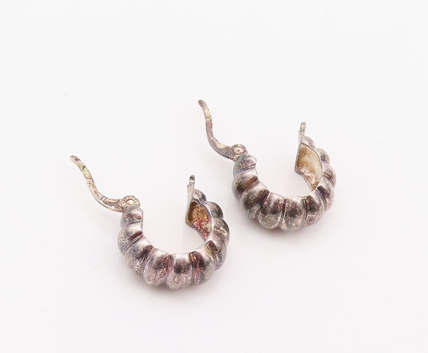 925 Sterling Silver Vintage Earrings Dark Tone Grooved Mini Hoops  EG13650