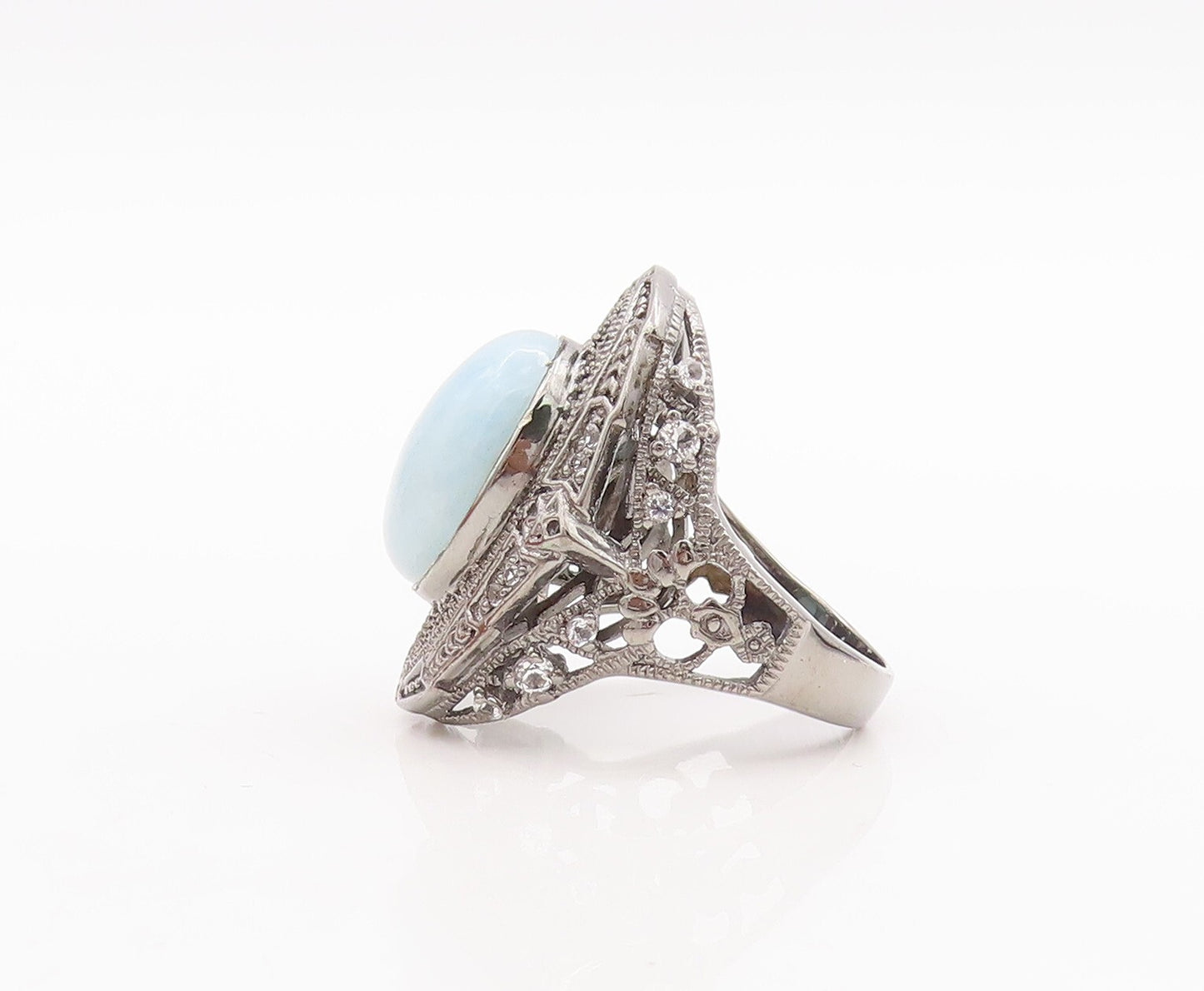 925 Sterling Silver Vintage Ring Cabochon Aqua Floral Carved Topaz Sz 7  RG29260