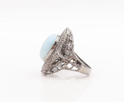 925 Sterling Silver Vintage Ring Cabochon Aqua Floral Carved Topaz Sz 7  RG29260