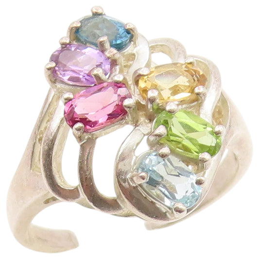 925 Sterling Silver Vintage Ring Multi Color Gemstone Wave Band  Sz 8  RG36636