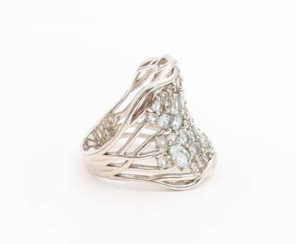 925 Sterling Silver Vintage Ring Aquamarine Cluster Statement Band Sz 12 RG36739