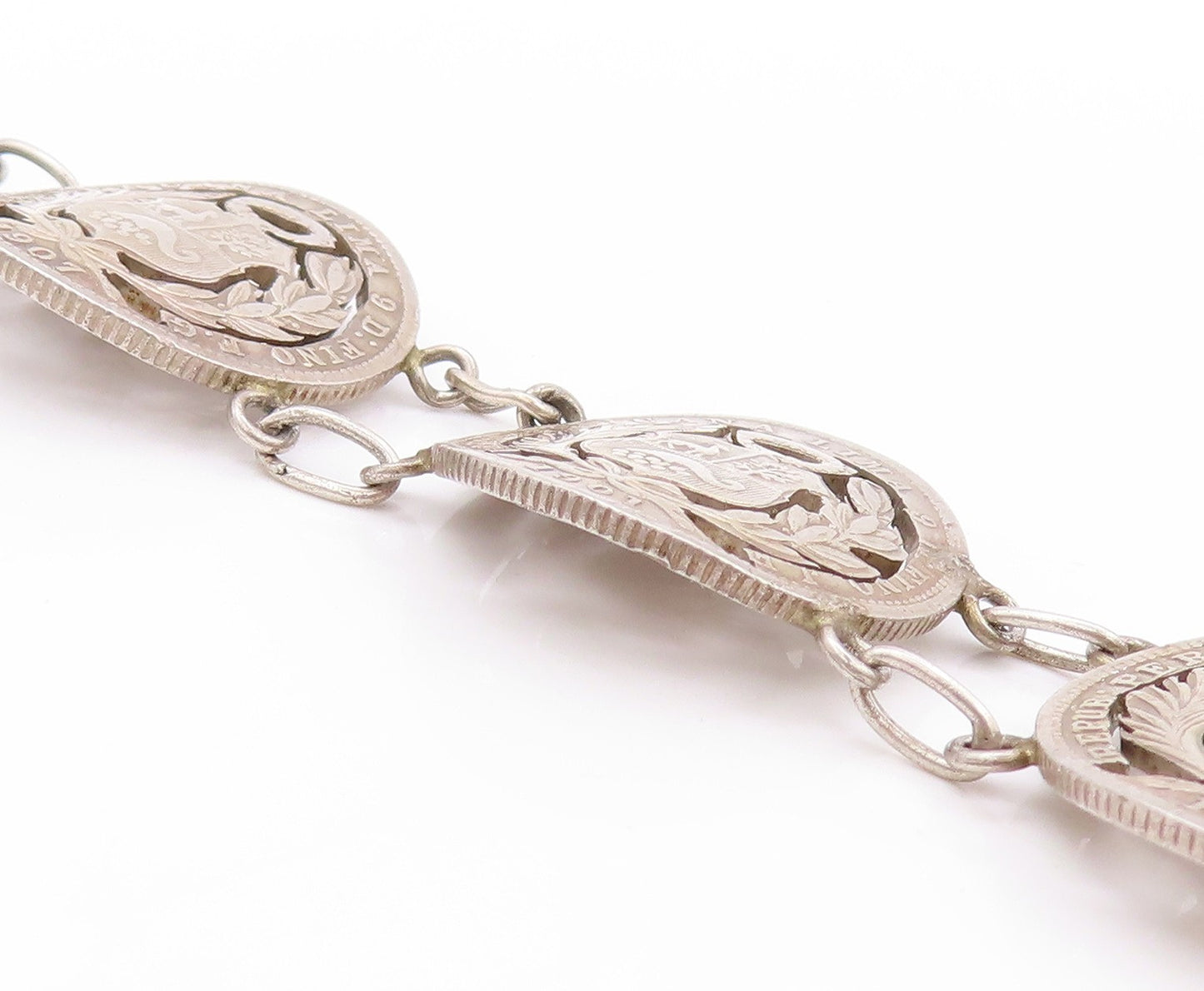 925 Sterling Silver Vintage Bracelet Antique Royal Peruana Coins   BT11264
