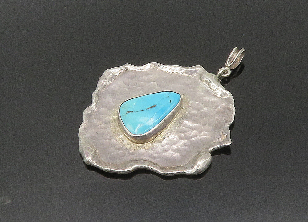 925 Sterling Silver  Vintage Turquoise Shiny Sculpted Pendant  PT16256