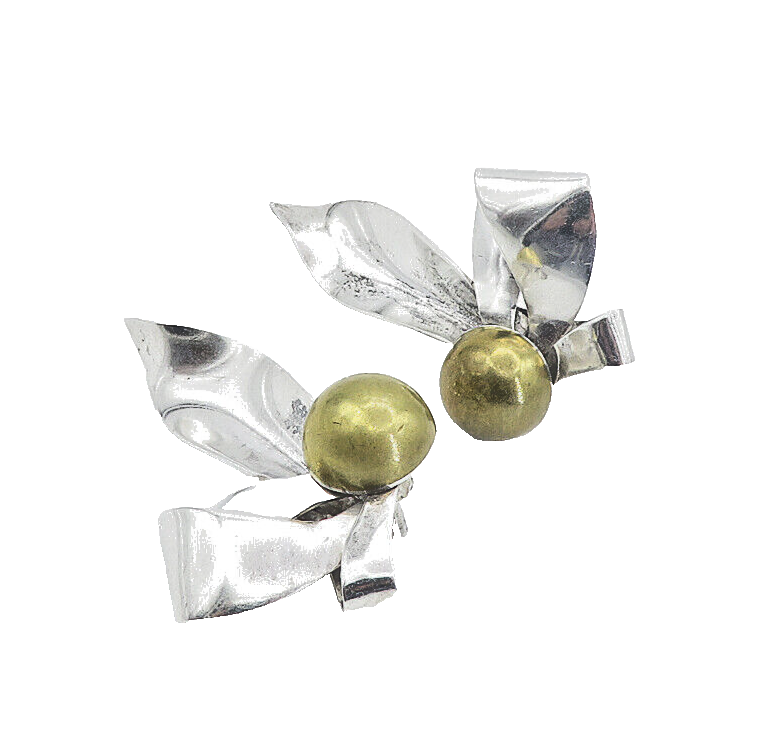 MEXICO 925 Silver Vintage Shiny 2 Tone Modernist Ribbon Drop Earrings EG3328