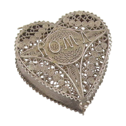 925 Sterling Silver Vintage Trinket Box Antique Love Heart Filigree OPENS TR4197