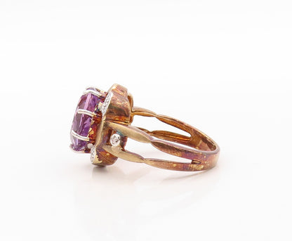 925 Sterling Silver Vintage Ring Gold Plated Amethyst & CZ Flower  Sz 8  RG30901