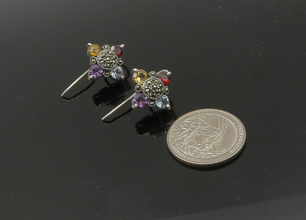 925 Sterling Silver Vintage Amethyst Citrine & Multi Stone Drop Earrings EG11142