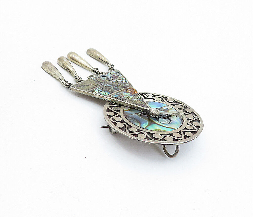 MEXICO 925 Sterling Silver  Vintage Abalone Shell Dangling Brooch Pin  BP1687