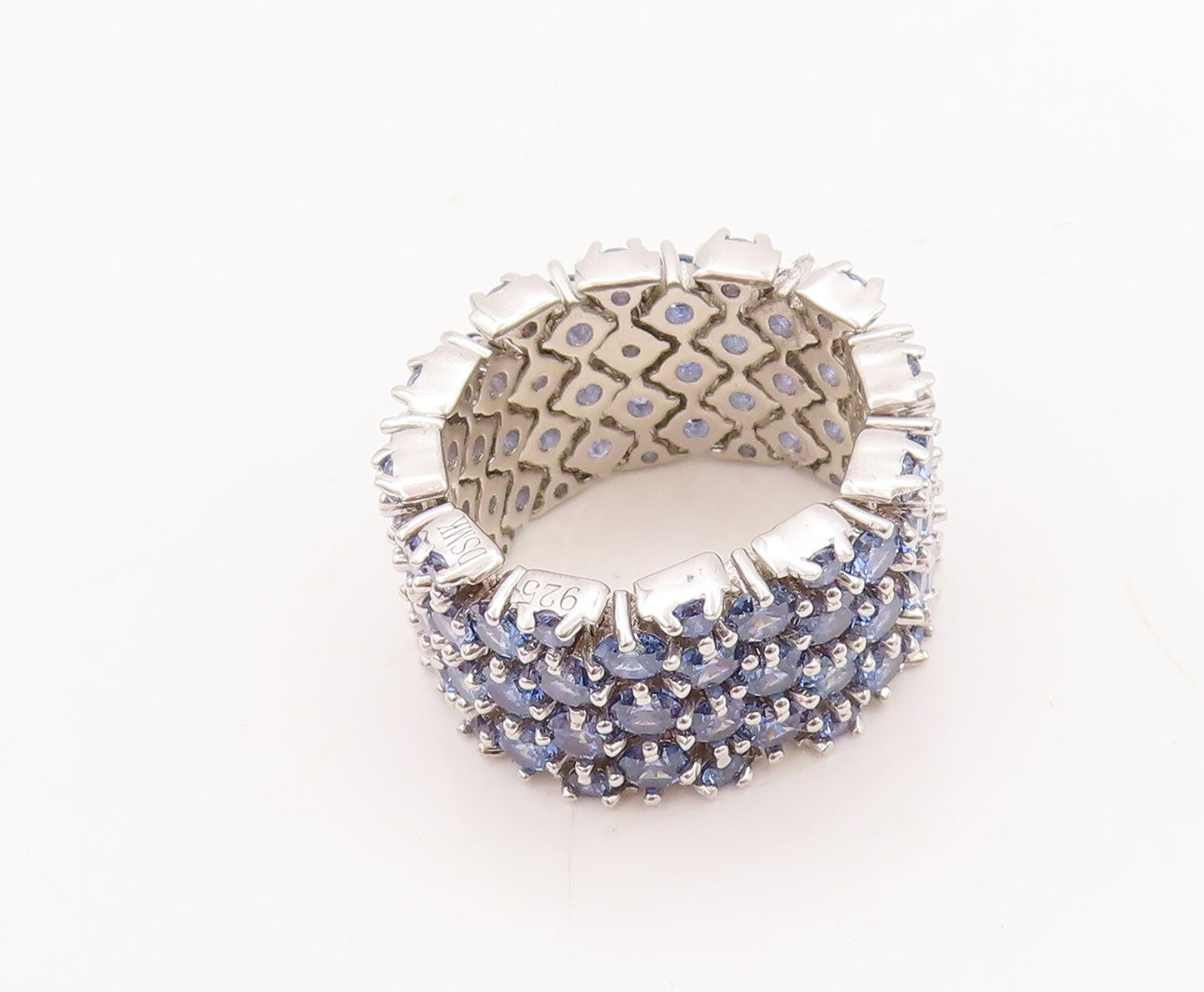 925 Sterling Silver Vintage Ring Broad Band Round Sapphire Inlay  Sz 7.5 RG29667