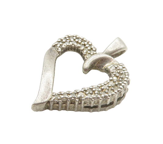 925 Sterling Silver  Vintage Genuine Diamonds Open Love Heart Pendant  PT11934