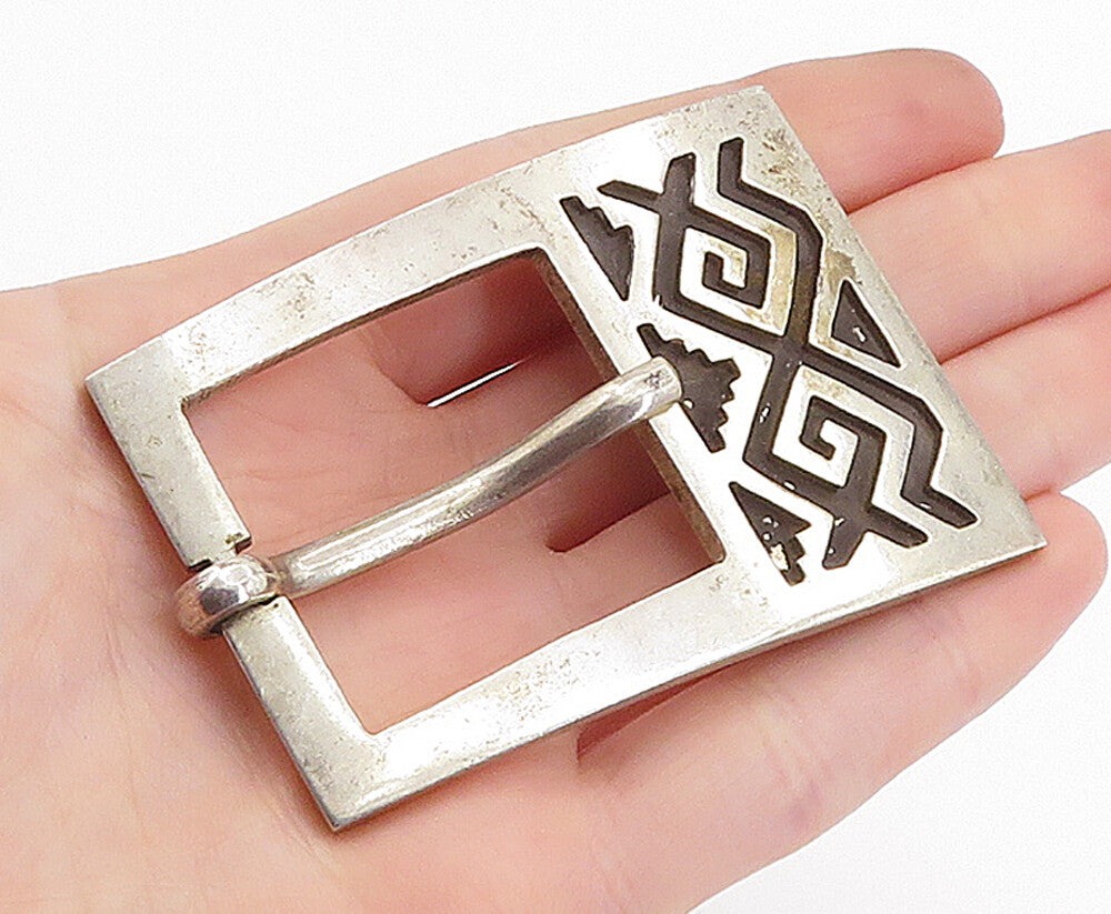 MEXICO 925 Sterling Silver  Vintage Oxidized Pattern Belt Buckle  TR1260