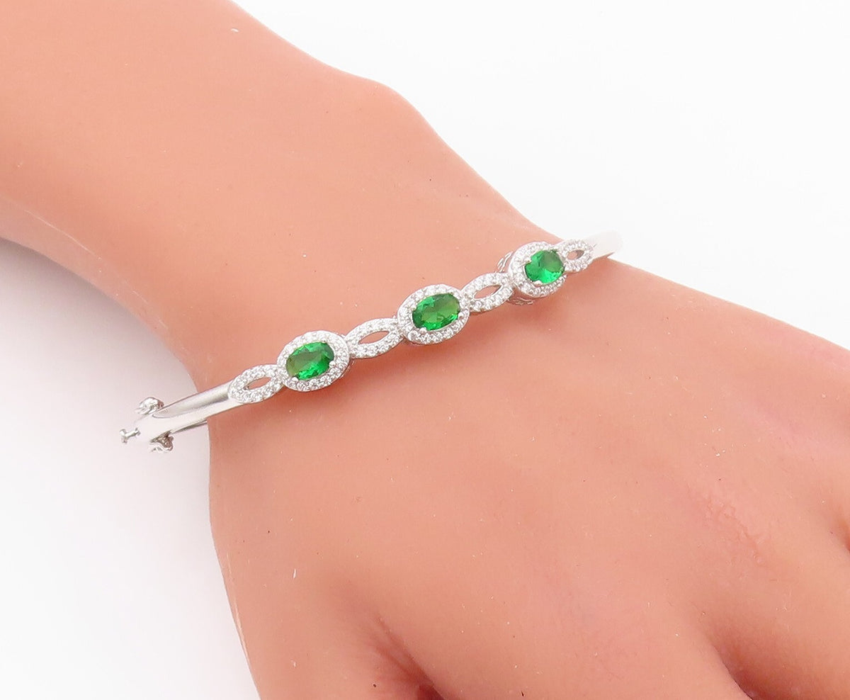 925 Sterling Silver Vintage Bracelet Loop Cutout Green & White CZ Bangle BT10718