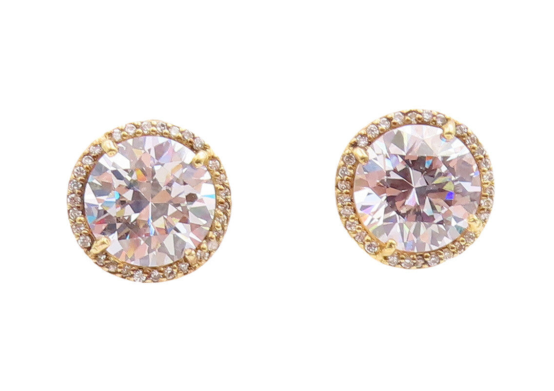 925 Sterling Silver Vintage Earrings Large Round Cut  CZ Halo CZ Band  EG13067
