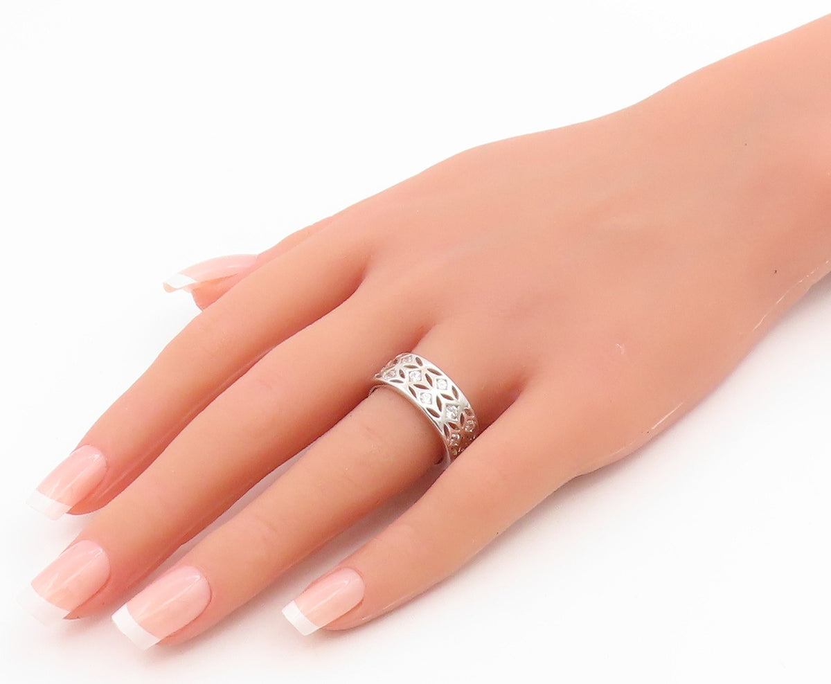 925 Sterling Silver Vintage Ring CZ Openwork Lattice Wide Band  Sz 8  RG35946