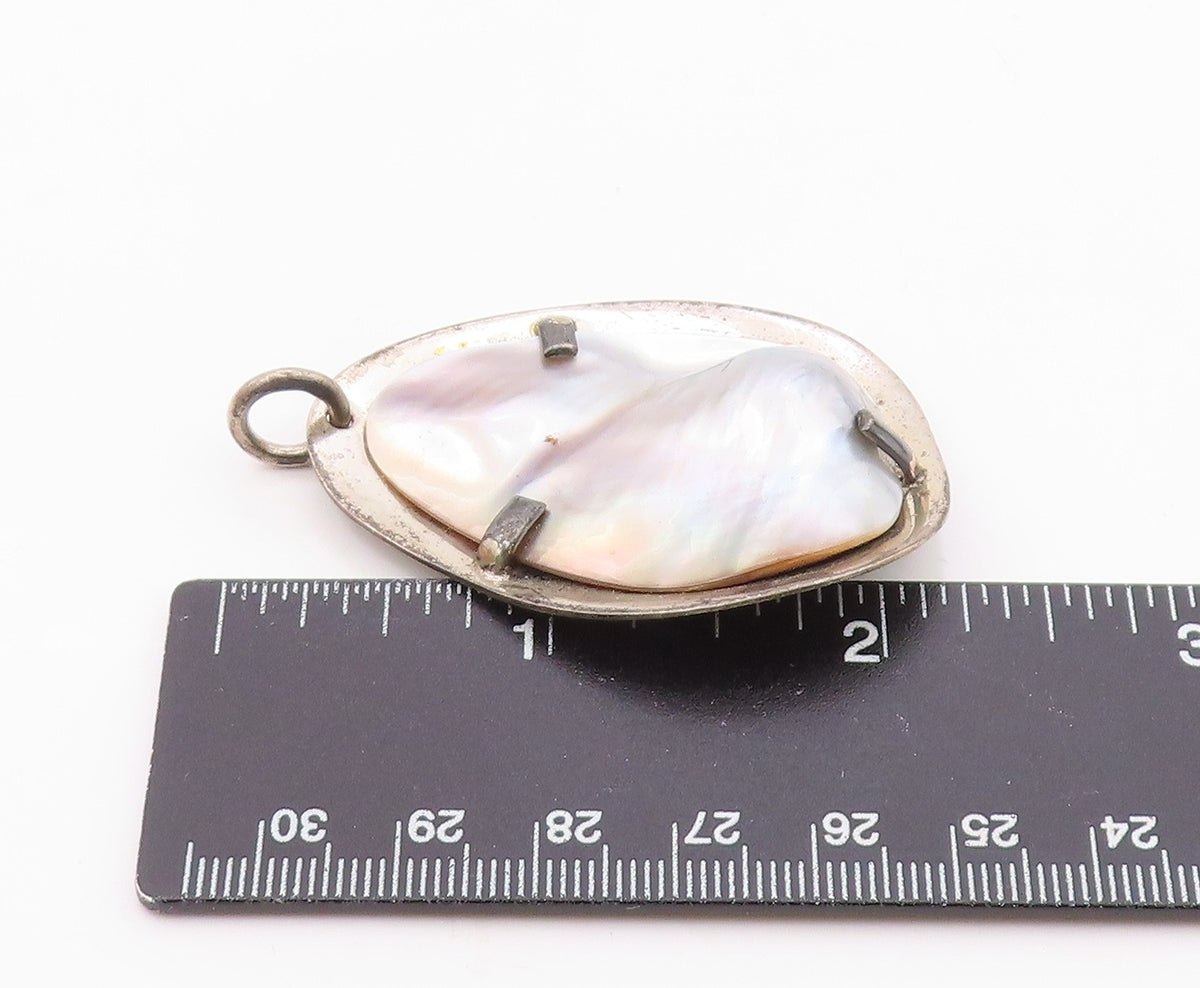 EUROPEAN 925 Silver  Vintage Shiny Mother Of Pearl Modernist Pendant  PT16705