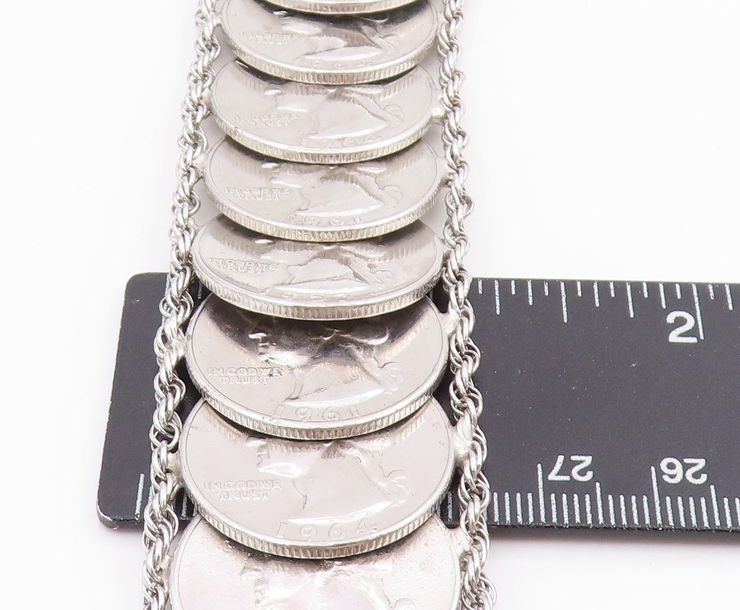 925 Sterling Silver Vintage Bracelet Solid US Quarter Dollar Coins Link  BT11626