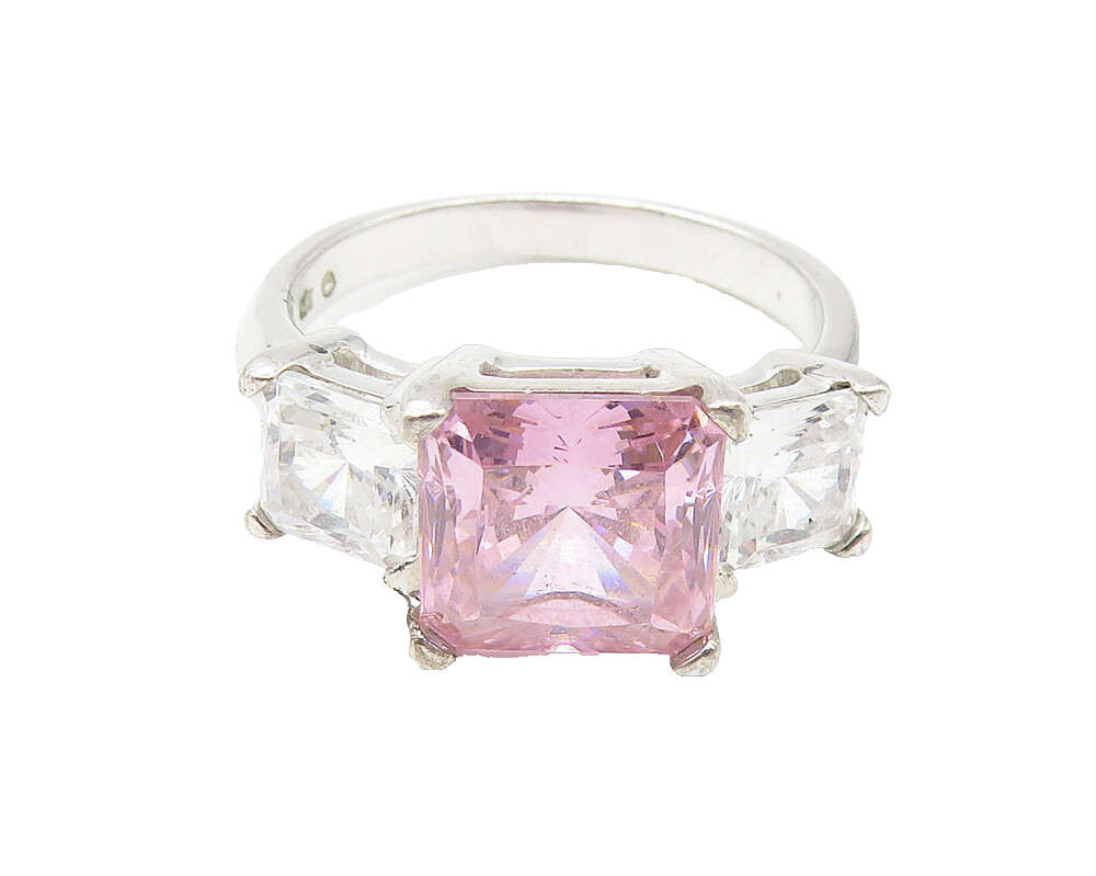 925 Sterling Silver  Pink & White Cubic Zirconia Shiny Band Ring Sz 6  RG11181