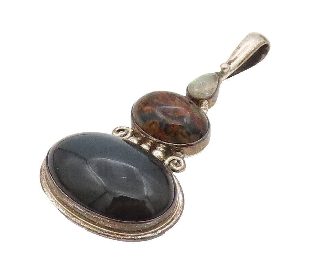 SAJEN 925 Silver  Vintage Handcrafted Natural Agate & Jasper Pendant  PT22171
