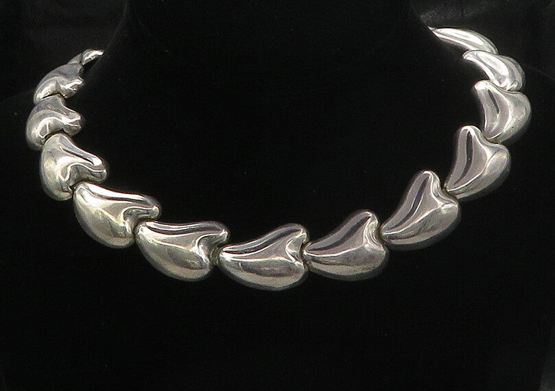 MEXICO 925 Silver  Vintage Shiny Heart Shaped Link Collar Necklace  NE2745