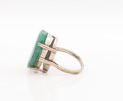 925 Sterling Silver Vintage Ring Minimalist Large Oval Green Gem Sz 8.5 RG29189