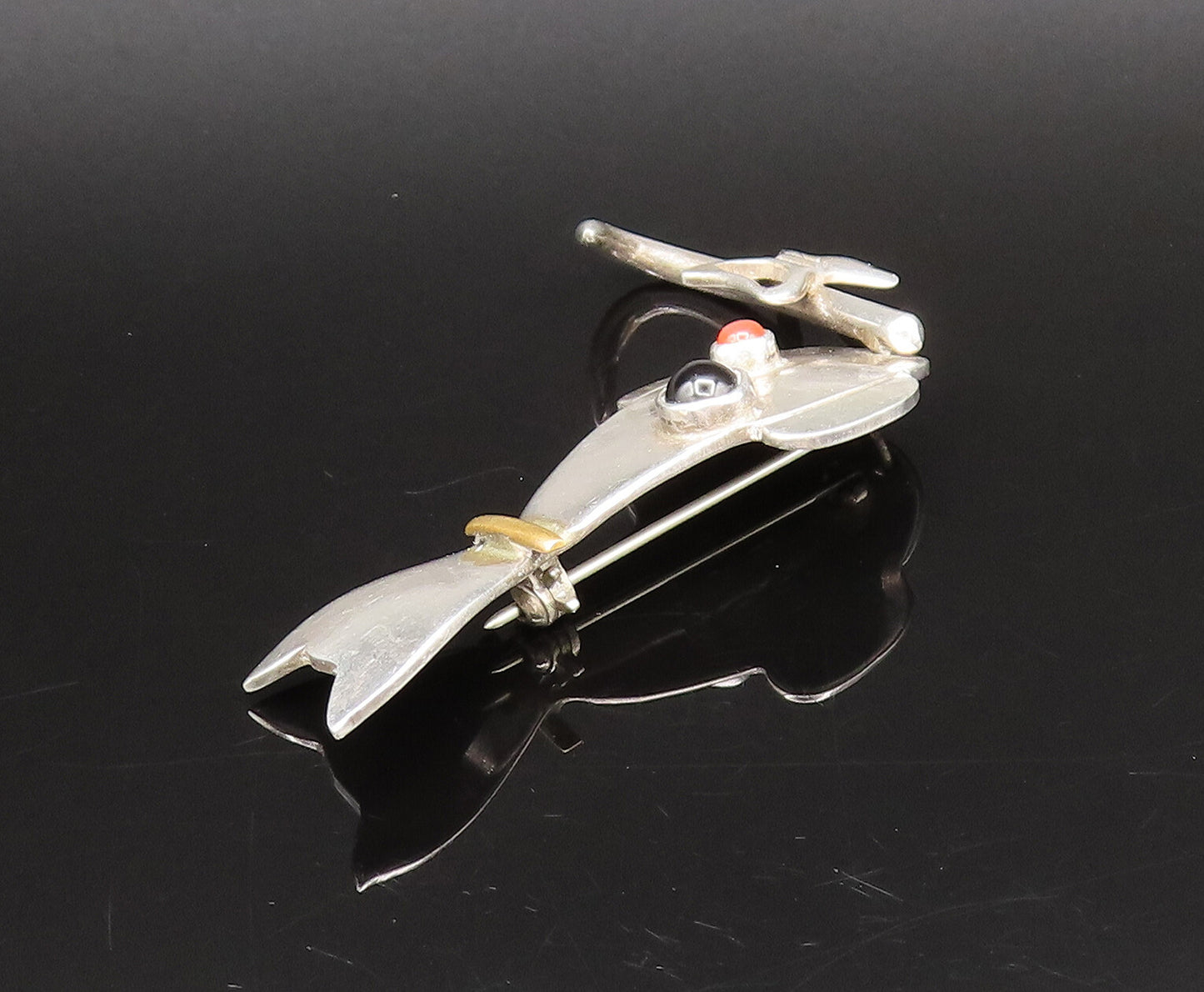 MEXICO 925 Silver  Vintage Onyx & Citrine Cat Brooch Pin (MOVES)  BP10085