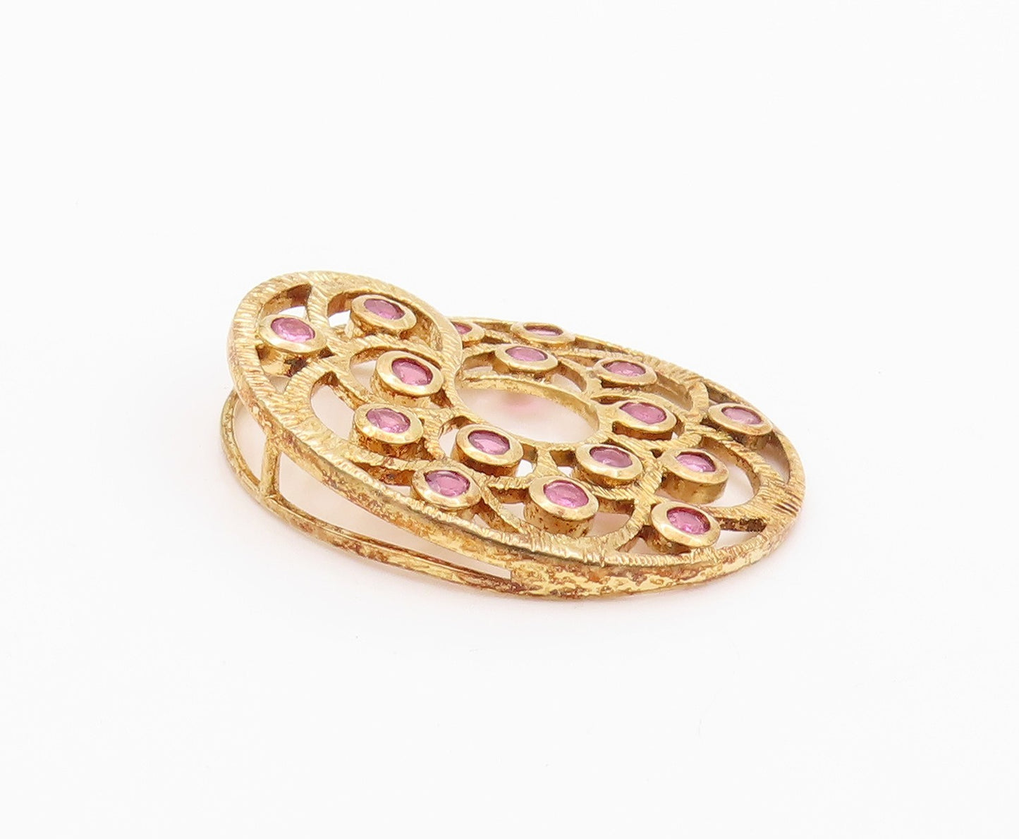 925 Sterling Silver Vintage Pendant Gold Plated Ruby Flower Cutout  PT24036