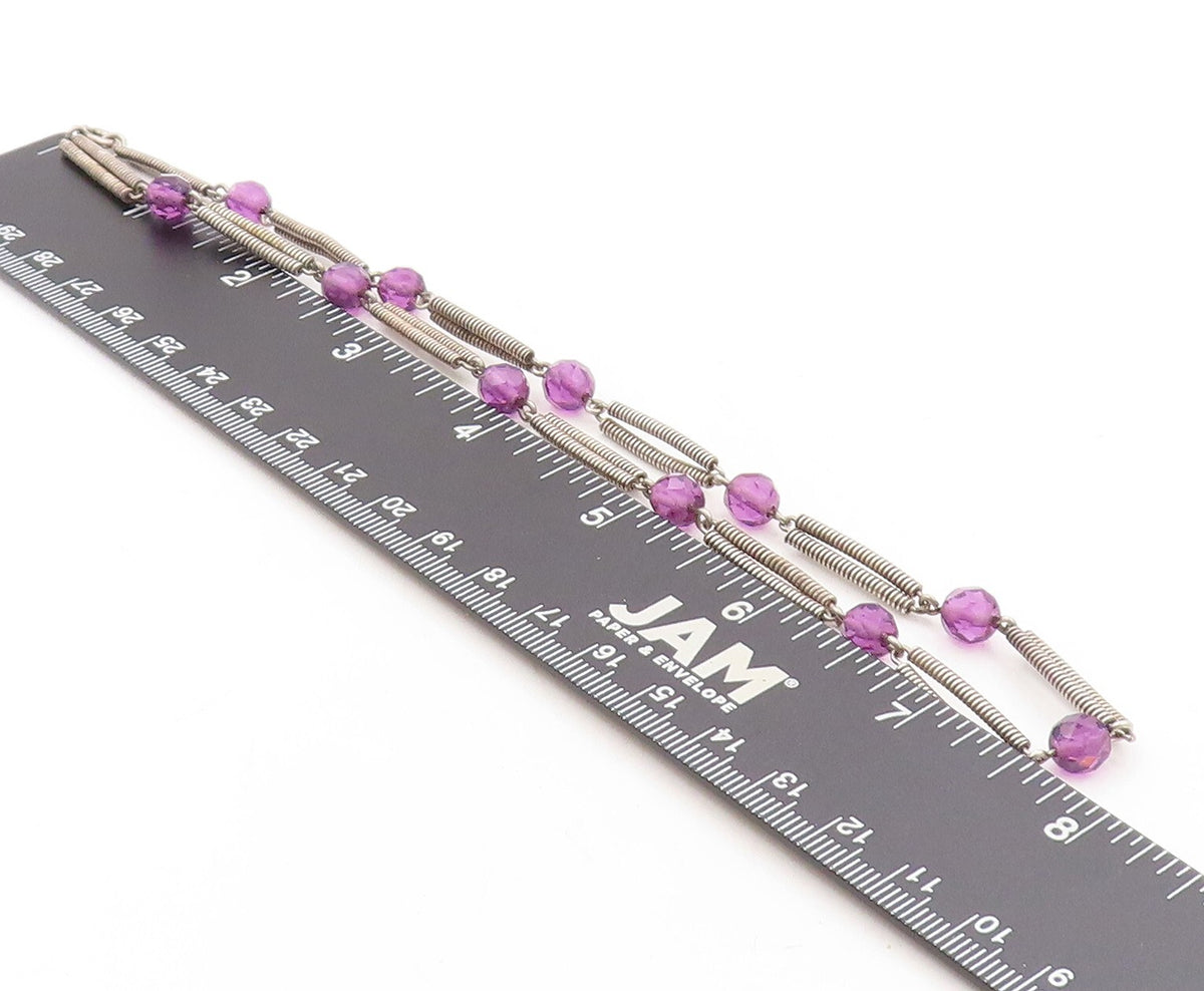 925 Sterling Silver Vintage Necklace Spring Design Cutout Beaded Amethyst NE4420