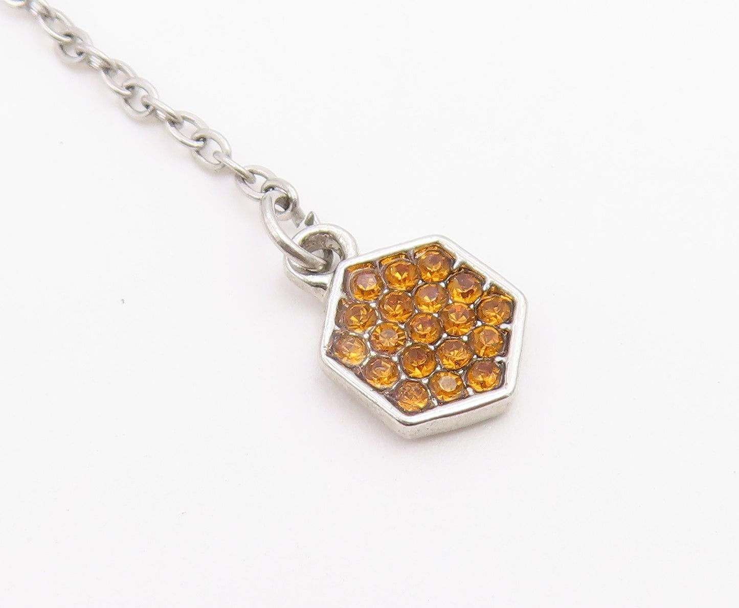 925 Sterling Silver Vintage Necklace Citrine Honeycomb & Bumblebee Drop  NE4912