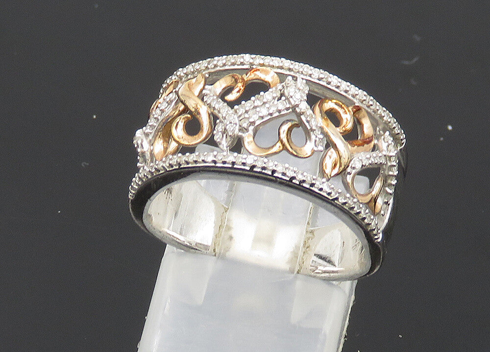 925 Silver  Vintage Shiny Genuine Diamonds Love Hearts Band Ring Sz 7  RG20863