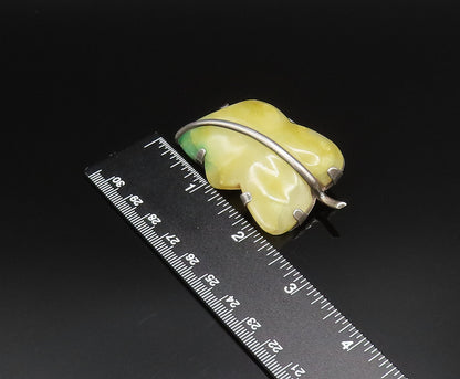 MEXICO 925 Sterling Silver Vintage Unique Yellow Jade Leaf Brooch Pin BP9891