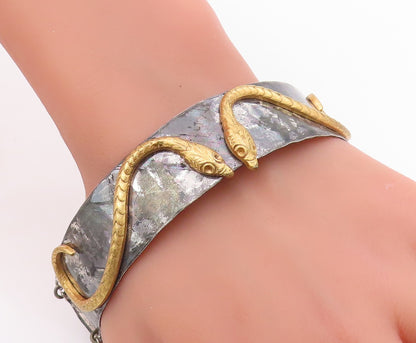 925 Sterling Silver Vintage Bracelet Two Tone Carved Serpentine Cuff  BT11576