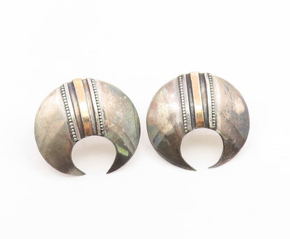 14k Gold & 925 Sterling Silver Vintage Earrings Bold Crescent Moon Stud  EG14188