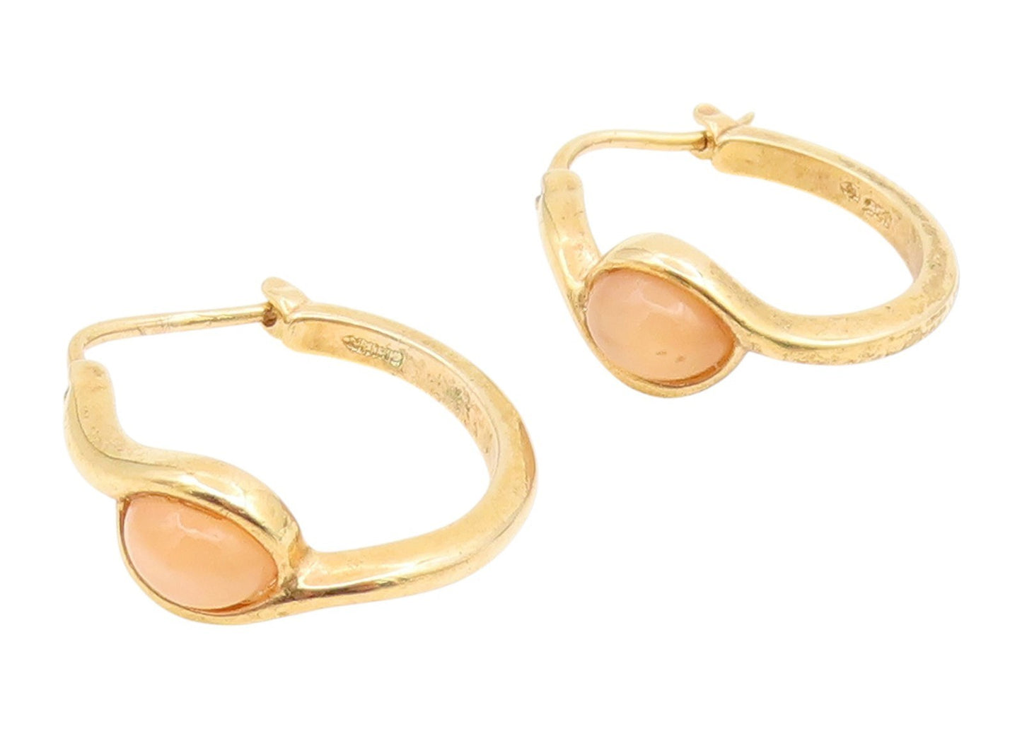 925 Sterling Silver Vintage Earrings Gold Plated Cabochon Cat Eye Hoops  EG14193