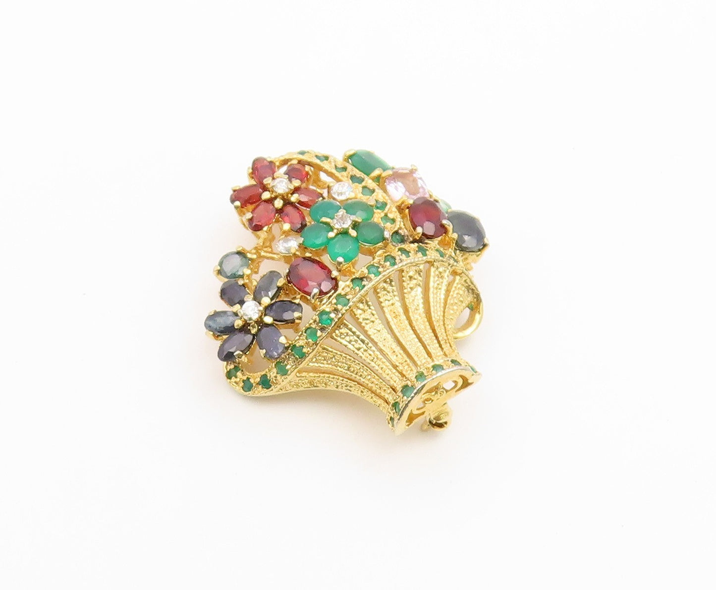 925 Sterling Silver Vintage Brooch Pin Gold Plated Gemstone Bouquet  BP12654