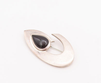 925 Sterling Silver Vintage Brooch Pin Designer Cabochon Drop Shape Onyx BP10871