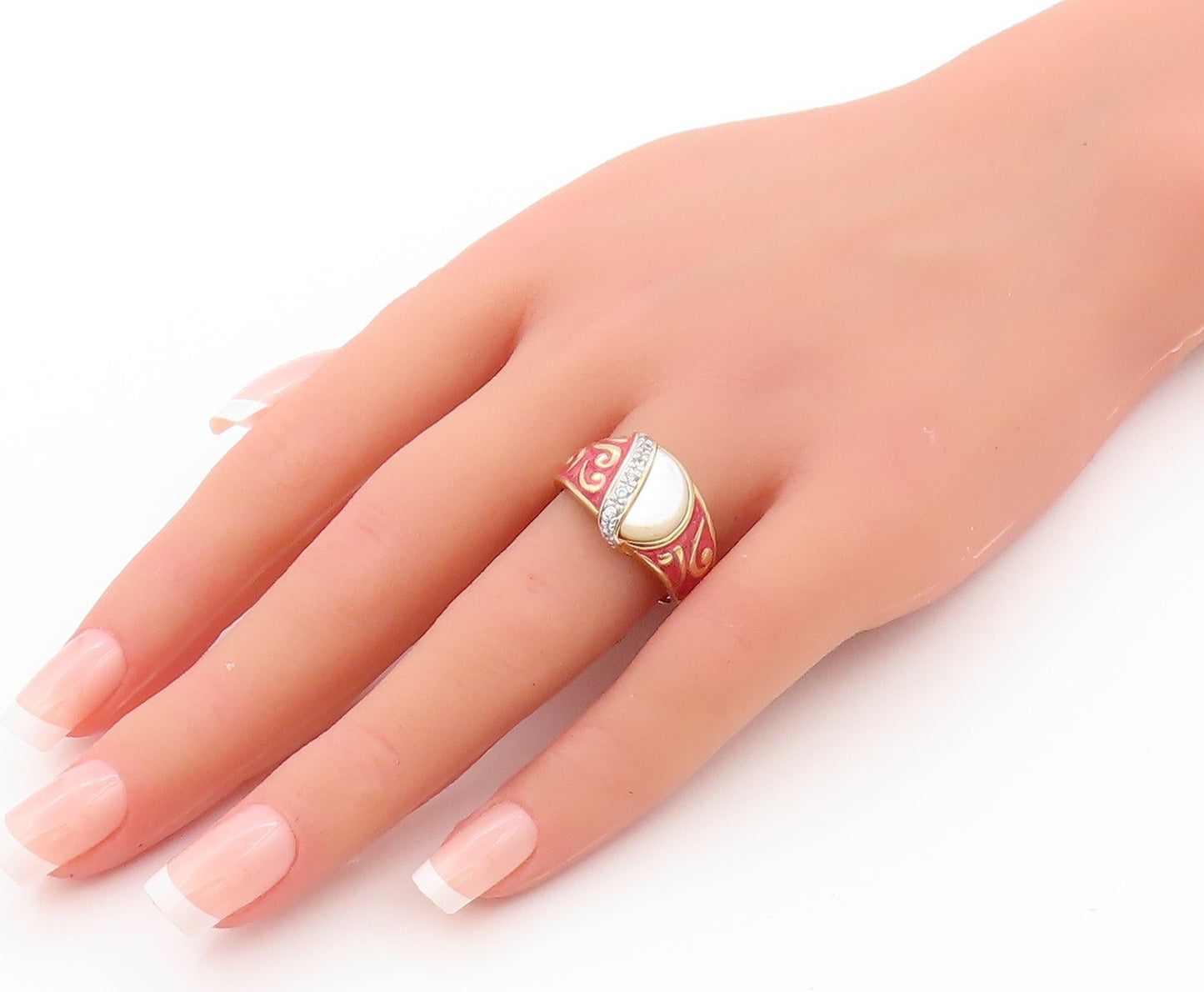 925 Sterling Silver Vintage Ring Gold Plated Mother Of Pearls CZ  Sz 9  RG32563