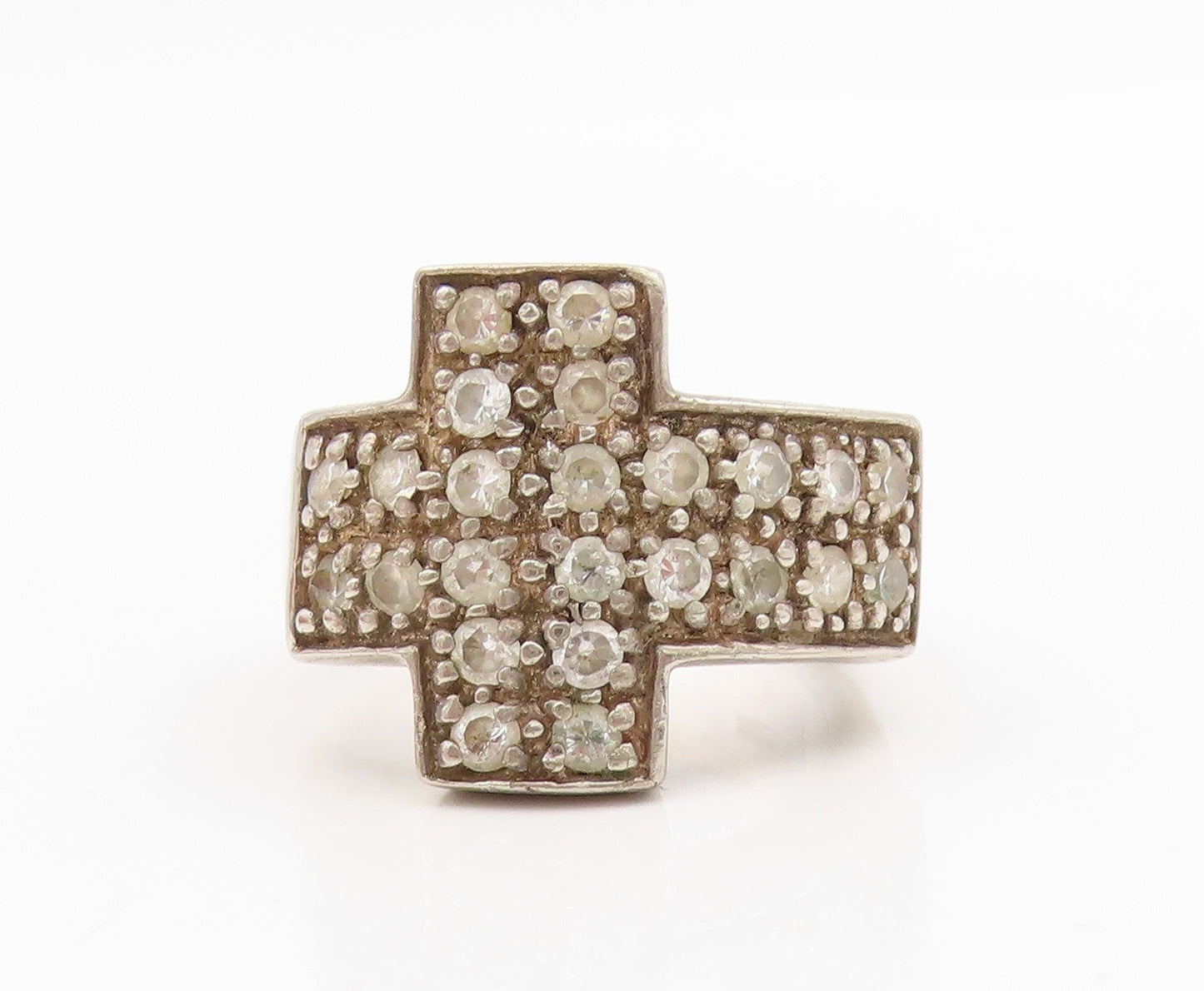925 Sterling Silver Vintage Ring Round CZ Religious Cross Band  Sz 9.5  RG34336