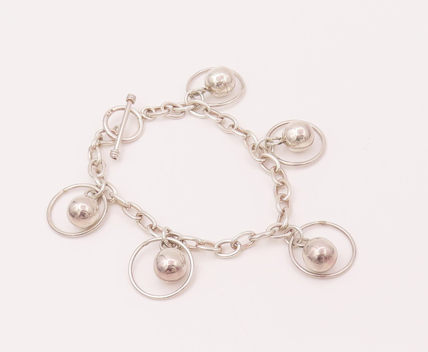 925 Silver  Vintage Round Link Chain Dangling Beaded Ring Bracelet  BT9862